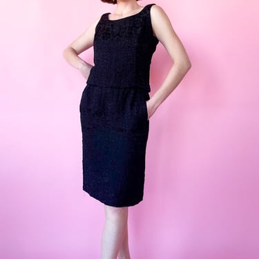 1960s Quilted Black Top and Skirt Set, sz. S