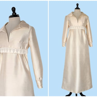 Vintage 1960s Ivory Silk Empire Waist Evening Gown, Vintage 60s Long Sleeve Boho Wedding Dress 