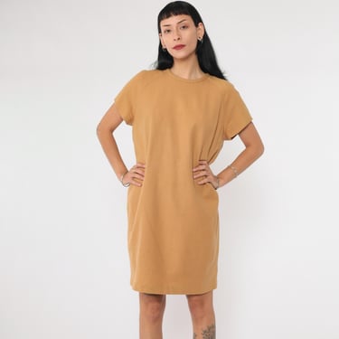 60s Tan Wool Dress Mod Mini Dress Shift Short Sleeve Retro Gogo Space Age Twiggy Sixties Simple Plain Chic Vintage 1960s Medium 