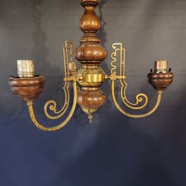 Vintage Wood and Brass 3 Arm Chandelier 18.5 x 19.5