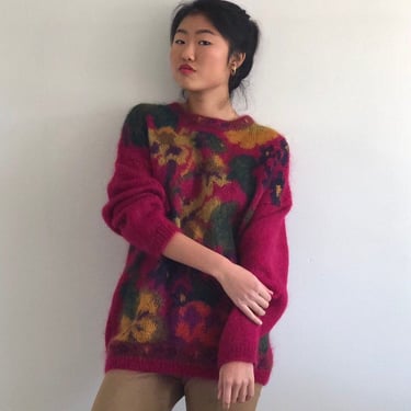 90s mohair sweater / vintage magenta pink oversized fuzzy brushed mohair floral crewneck hand knit sweater | M 
