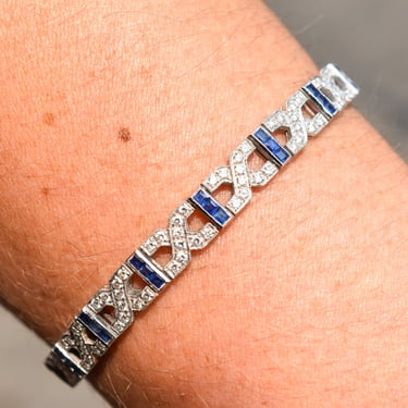 18K White Gold Diamond Sapphire Infinity Link Bracelet, Vintage Diamond Tennis Bracelet, Estate Jewelry, 7