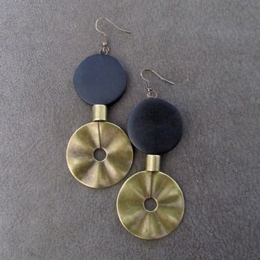 Oversized black and bronze mid century modern earrings 