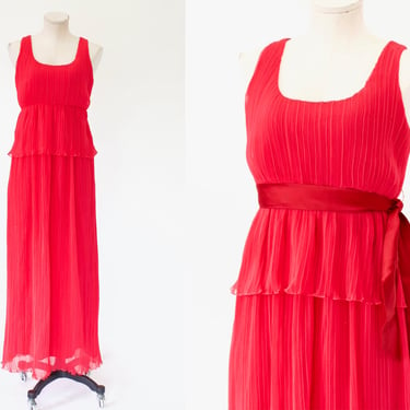 1960s Micro Pleat Silk Chiffon Empire Waist Maxi Dress - 60s Vintage Long Magenta Pink Peplum Evening Gown - Medium 