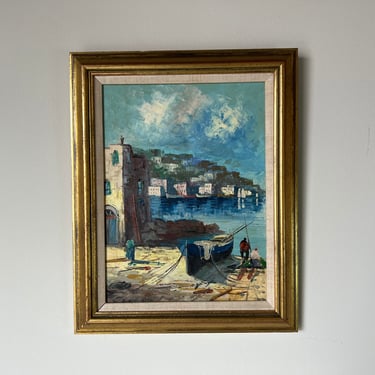 70's Vintage Impressionist European Harbor Oil Painting, Framed 