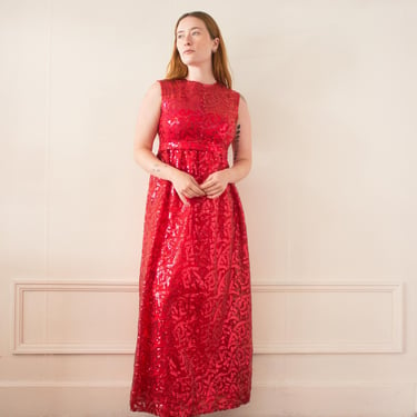 1960s Red Sequined Empire Waist Dress 