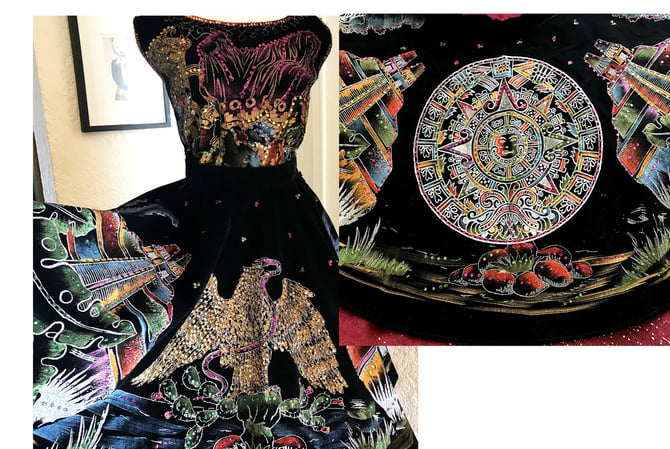 Killer 1950's Mexican Hand Painted  Circle Skirt and Matching Top Set /Dress with sequins  size Medium 
