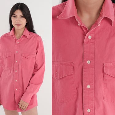 Pink Button Up Shirt 90s Wrangler Shirt Long Sleeve Collared Oxford Plain Basic Button Down Retro Casual Vintage 1990s Mens Medium 15 1/2-33 