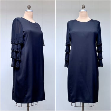 Vintage 1980s Volup Jack Bryan Black Crepe Party Dress, 80s Princess Seam Sheath with Dramatic Tiered Beaded Sleeves, 46