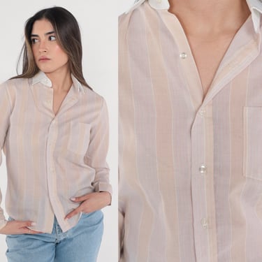 Striped Shirt 80s Button Up Shirt Semi-Sheer Tan Pink Long Sleeve Chest Pocket Collared Preppy Retro Vintage 1980s Extra Small xs 