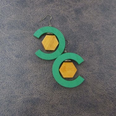 Wooden earrings, statement geometric earrings, green earrings, hexagon earrings 