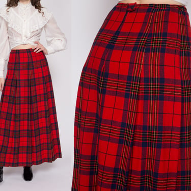 Small 70s Pendleton Red Plaid Wool Maxi Skirt | Vintage High Waisted Pleated A Line Hostess Skirt 