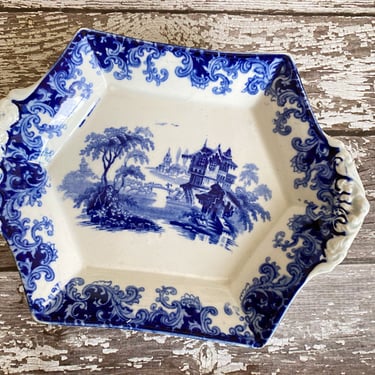 Vintage flow blue transferware small catchall dish, Oriental pattern small decorative plate 