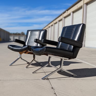 Circa 60s Vintage Pleather Accent Chairs | Chrome Base | Unique | Mid Century | MCM | Retro | Black Lounge Chairs 