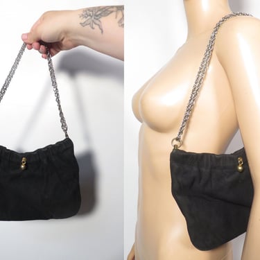 Vintage 60s/70s Simple Classic Black Suede Hinge Purse Shoulder Bag 