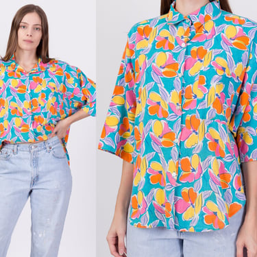 80s Oversize Floral Button Up Shirt - Large | Vintage Half Sleeve Collared Hawaiian Aloha Top 