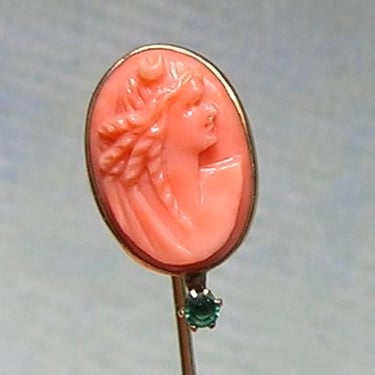 Antique 14K Gold Victorian and Carved Coral Cameo Stick Pin, Gold Stick Pin With Carved Cameo, Antique 14K Gold Stickpin (#4502) 