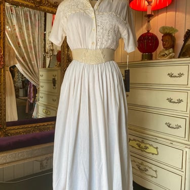 vintage 1980s cream cotton dress crochet lace s/m gauze pockets full skirt boho 