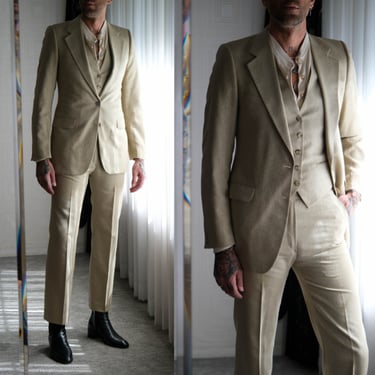 Vintage 70s Yves Saint Laurent Sandy Tan Silk Blend Three Piece Flare Leg Suit | Made in France | 1970s YSL French Designer Tailored Suit 