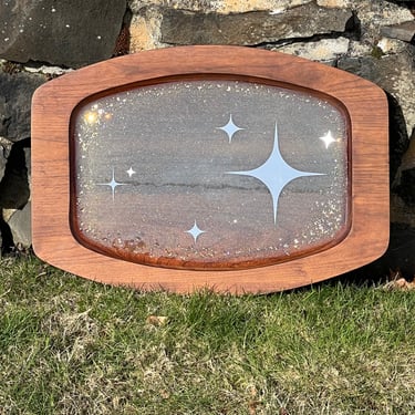 Mid Century Walnut Tray with Resin and Starburst Accents 