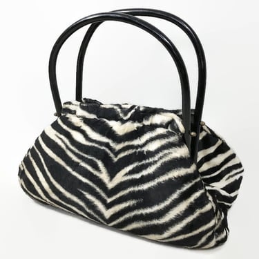 VINTAGE 50s Zebra Faux Fur Lucite Top Handle Handbag by Morris Moskowitz | 1950s Black & White Large Frame Purse | Miss Bergdorf Goodman vfg 