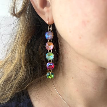 Long Swarovski Crystal Chain Dangle Earrings Multicolor Rainbow 