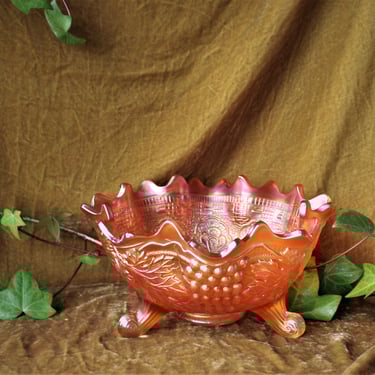 Antique Marigold Carnival Persian Medallion Grape & Cable  Fenton Footed Fruit Center Bowl 10" 