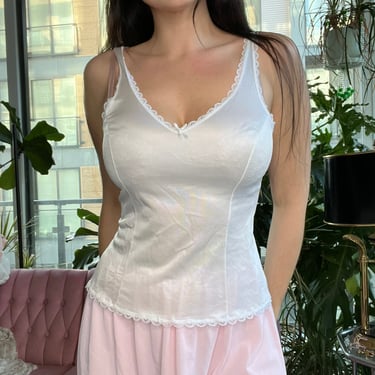 White lingerie tank with lace trimming and small bow