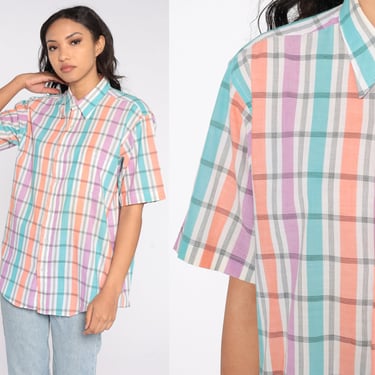 90s Plaid Shirt Checkered Button Up Shirt Short Sleeve Pastel Button Up 1990s Collared Shirt Preppy Purple White Retro Blouse Extra Large xl 