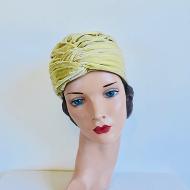 Vintage 1960's Chartreuse Yellow Velvet Turban Hat Mod Mid Century 60's Millinery Miss May New York 