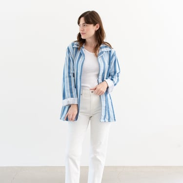 Vintage Blue White Striped Shirt Jacket | Unisex Flannel Stripe Cotton Pajama Chore Shop Coat | M | SJ043 