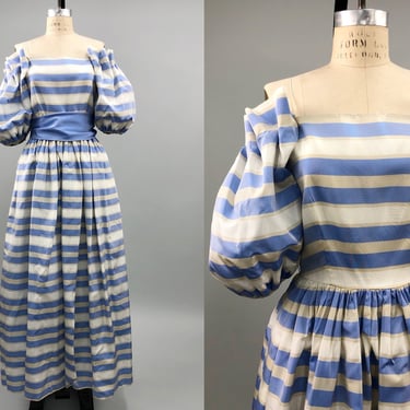 1980s Striped Formal Dress with Puff Sleeves, Harry Action for After Five, 80s Prom, Vintage Formal Wear, Size Small by Mo