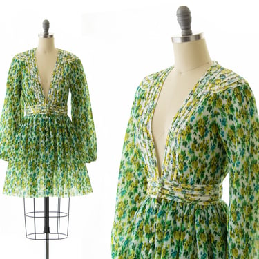 Modern 1960s 1970s Vintage Style Dress | ZIMMERMANN NWT Golden Plisse Mini Lemonade Acid Floral Pleated Green Spring Dress (x-small/small) 