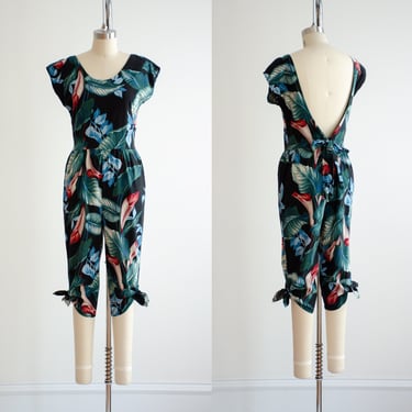 black floral jumpsuit 80s 90s vintage tropical low back cropped cotton jumpsuit 