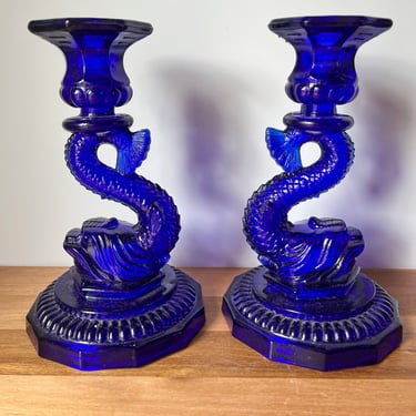 Vintage Cobalt Blue Glass Koi Candlestick Holders.  Chinoiserie Fish Candle Holders. Grandmillennial Home Decor. 