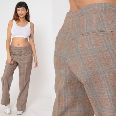 80s Checkered Pants Brown Houndstooth Trousers High Waisted Straight Leg Pants Plaid Print Retro Preppy Academia Vintage 1980s Men's Medium 