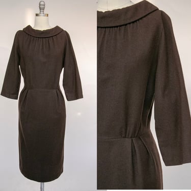 1950s Day Dress Brown Wool Fitted Wiggle 60s  M 