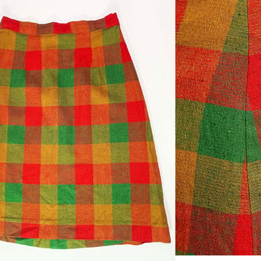 Vintage Plaid Mini Skirt Red Green Nubby Schoolgirl Short Colorful Mod A-Line 1970s 60s 70s 1960s XS XXS 