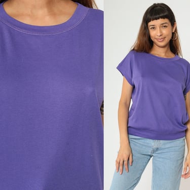 90s Slouchy Purple Shirt Loose Fit Banded Hem Tshirt Round Neck Plain T Shirt 1990s Top Retro Tee Vintage Short Dolman Sleeve Large 