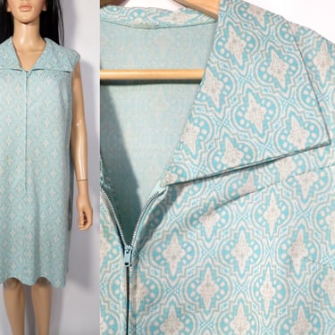Vintage 60s Plus Size Ice Blue Geometric Print Zip Front Shift Dress With Large Collar Size XL 