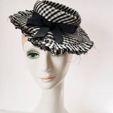 1930s Hat Black White Gingham Checked Print Shabby Chic / 30s Toy Miniature Hat Summer Picnic / Clymene 