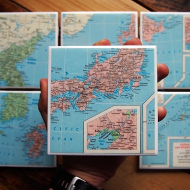 1963 Japan Map Coaster Set of 6. Korea Map. Vintage Japan Gift. Korea Coasters. Japan Decor. Ryukyu Islands Map. Japanese History Gift Tokyo 