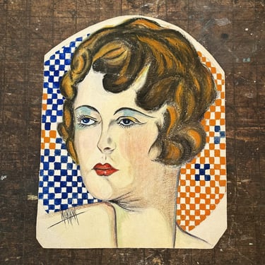 1920s Deco Painting of Stylized Flapper Woman Gazing - Signed Wickland - Antique Watercolor and Ink Paintings  - Rare Mystery Artist Art 