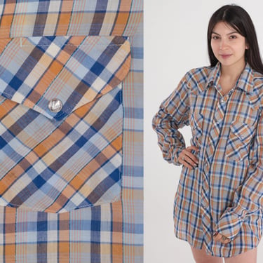 Metallic Western Shirt 70s 80s Western Plaid Shirt Blue Pearl Snap Burnt Orange Button Up Top Vintage Cotton 1980s Checkered Men's 16 35 