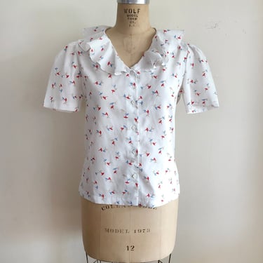 White Floral Print Blouse with Ruffle Collar - 1980s 