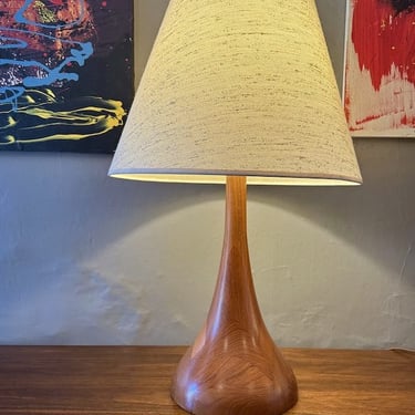 Danish Solid Teak Table Lamp w/Original Cone Shade