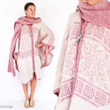 1970s Pink Wool Sweater Cape | 70s 100% Scandinavian Wool Sweater Coat | TUNDRA | One Size 
