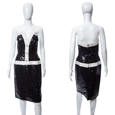 1980's Lillie Rubin Black and White Sequins Cocktail Dress Size S/M