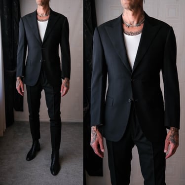 LANVIN Alber Elbaz Black Wool Gabardine Peak Lapel Pleated Slim Fit Suit | Made in Italy | 100% Wool | Y2K 2000s French Designer Mens Suit 