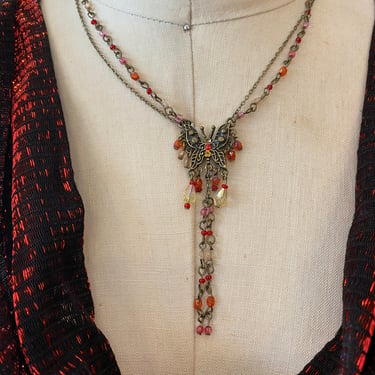 1990s butterfly necklace, multi strand, vintage jewelry, red and yellow, bronze chain, dangling beads, y2 k style 